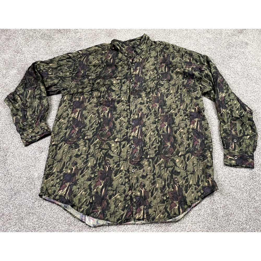 Goouch Shirt Womens XL Button Down Green Camo Silk Lightweight Abstract Art Wear